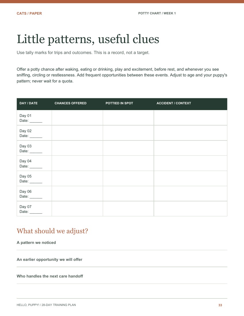 Actual blank Weekly potty chart worksheet